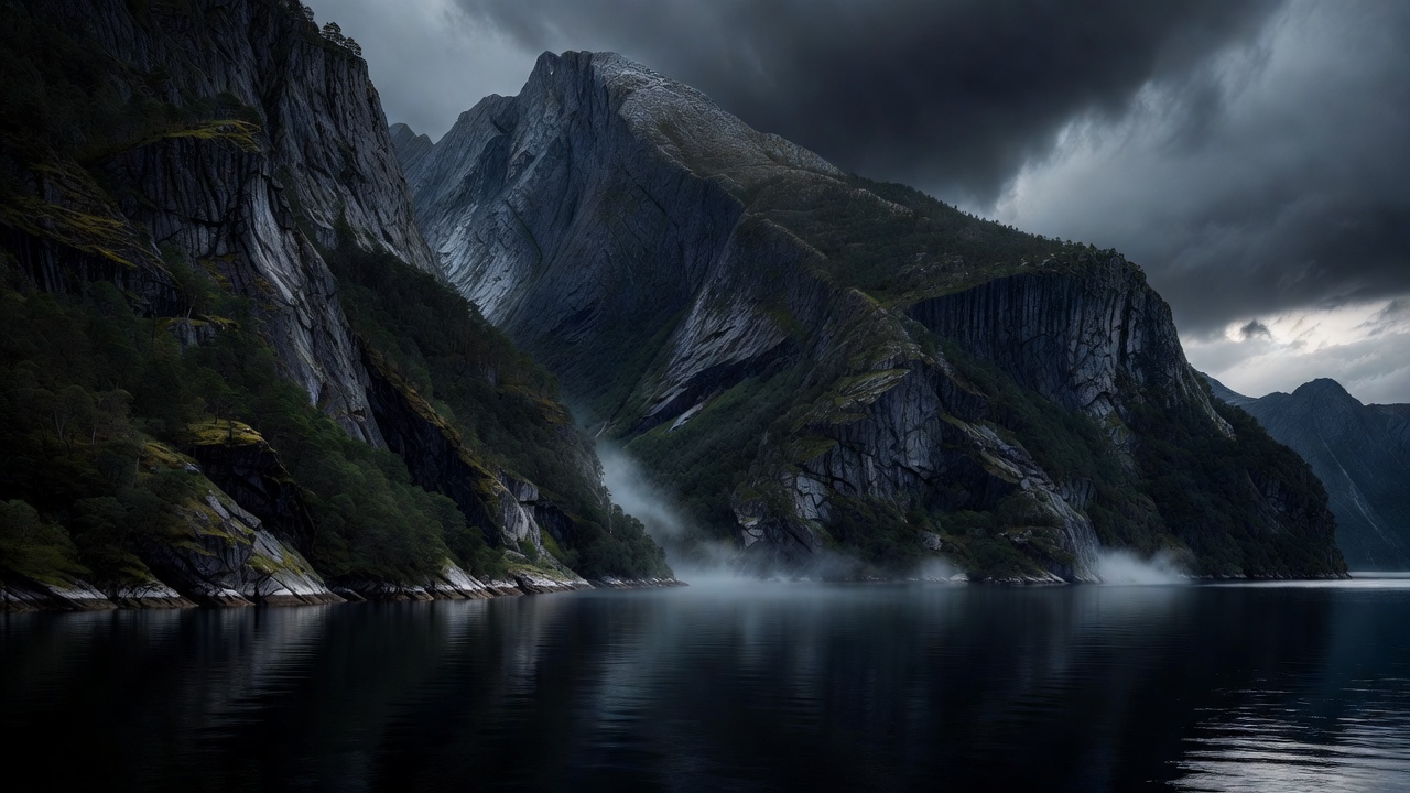 Steep mountain slopes dropping into the dark water of a Norwegian fjord