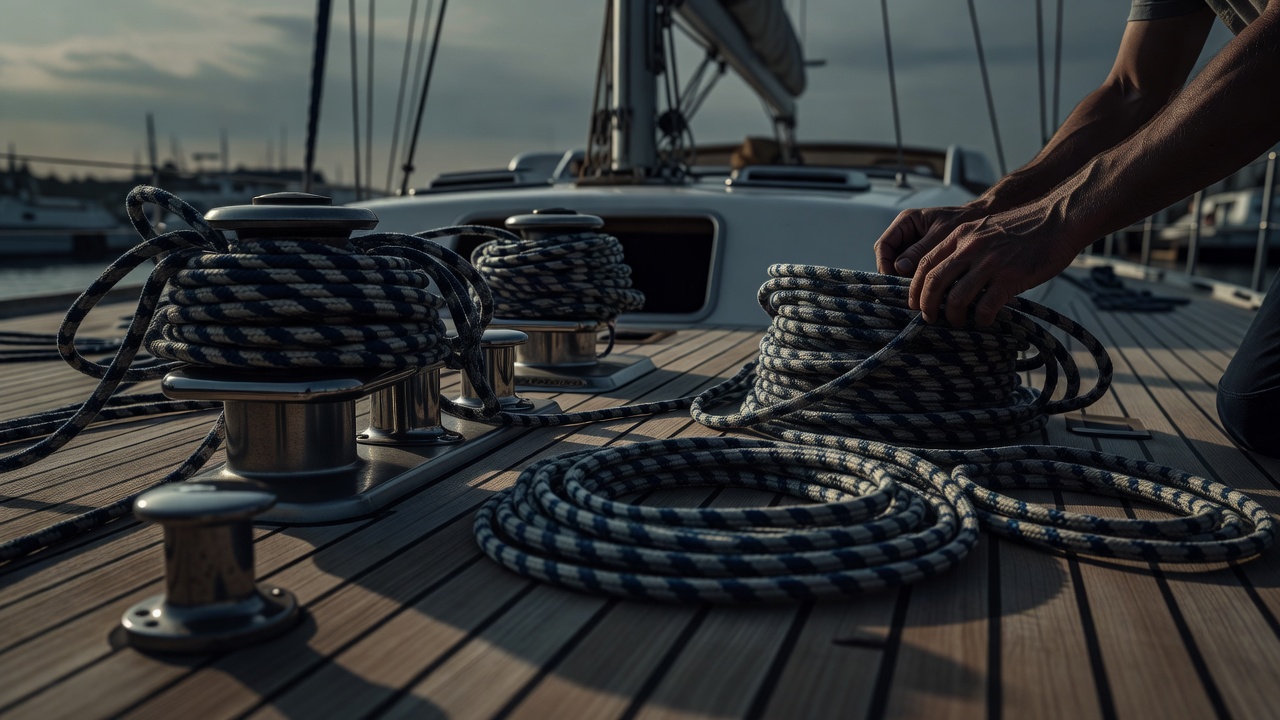Coiled yacht lines and deck fittings checked before departure in subdued light